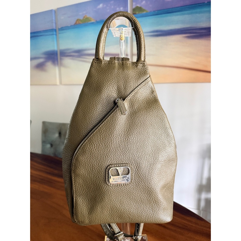 Valentina Italian Pebbled Leather Sling Backpack Convertible Bag Olive Green